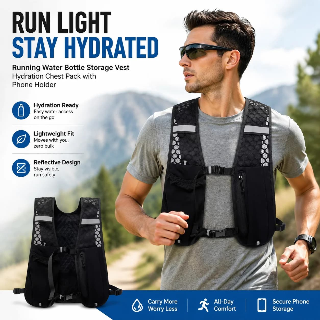 Running Water Bottle Storage Vest Lightweight Reflective Hydration Chest Pack with Phone Holder
