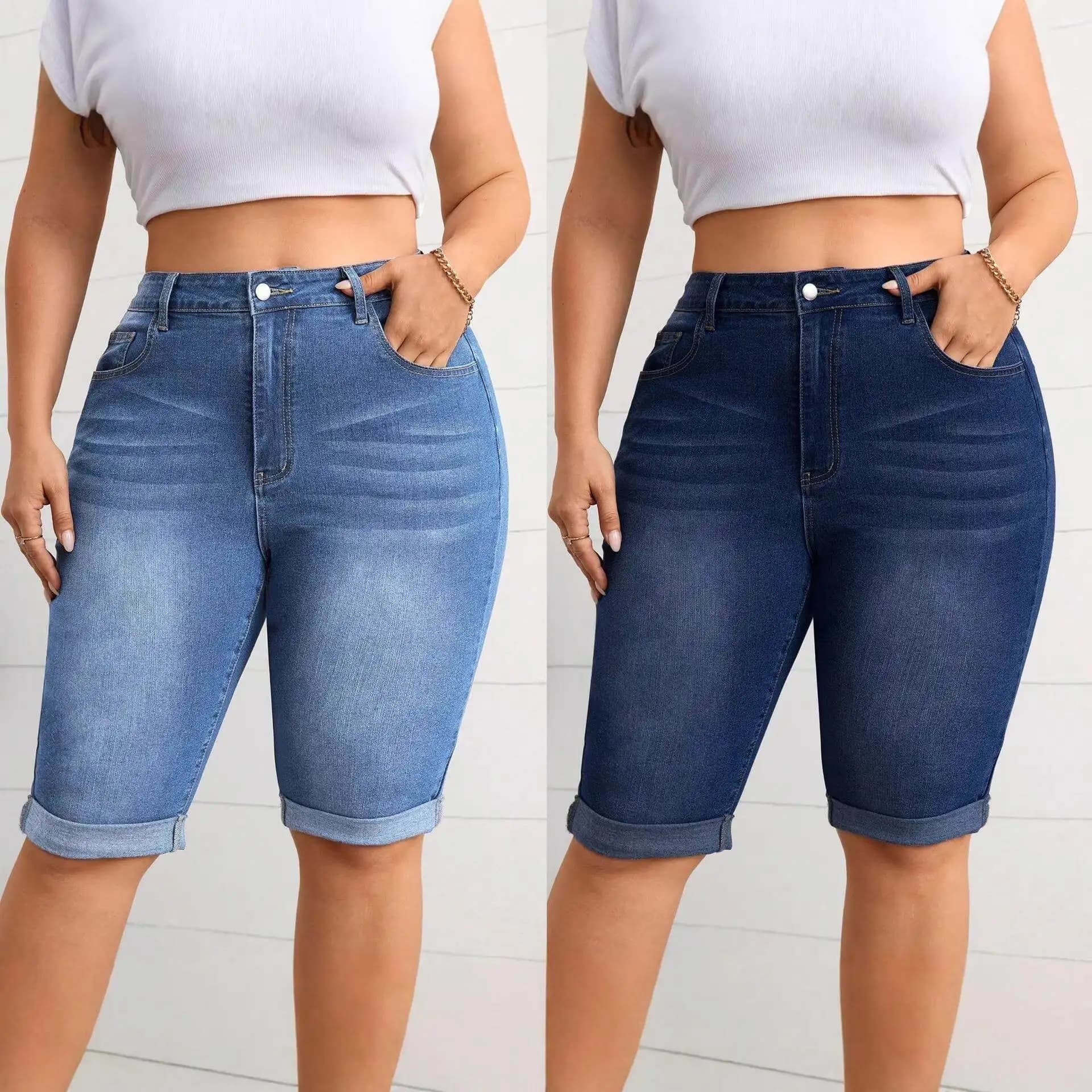 2026 Large Size Washed Blue Elastic Jeans Five-Point Pants Mid-Waist Slimming Cuffed Mid-Pants Cross-Border Seven-Quarter Sleeve