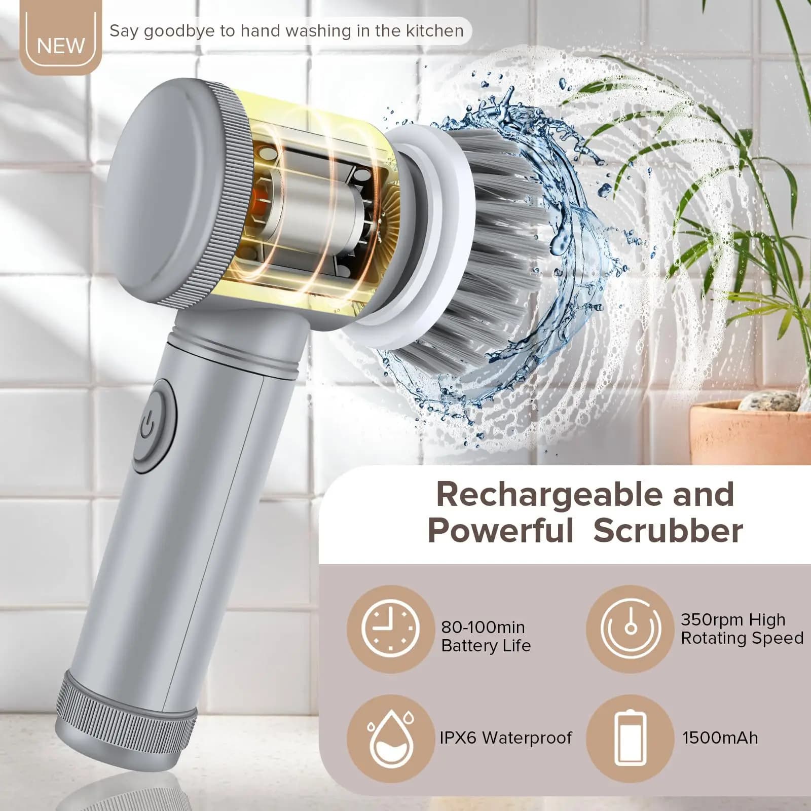 Spazzola elettrica per la pulizia, portatile, ricaricabile tramite USB, impermeabile IPX6, 6 testine sostituibili per la pulizia di cucina, bagno, scarpe e piastrelle
