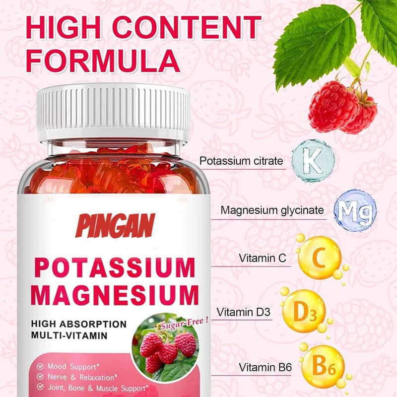 Magnesium supplement 60 gommose Potassium Citrate Glycine Magnesium Vitamin B6, D3, C Skeletal muscle relaxation Umore