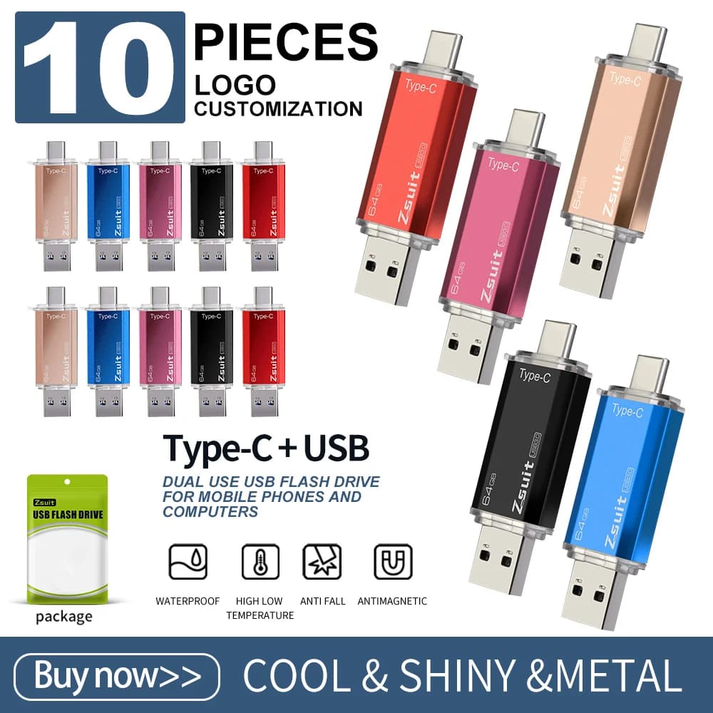 10 pz/lotto Type-c Flash Drive 16GB 32GB metallo OTG 2 IN 1 Pen Drive 3.0/2.0 Memory Stick USB Free Logo cle Usb impermeabile U Disk