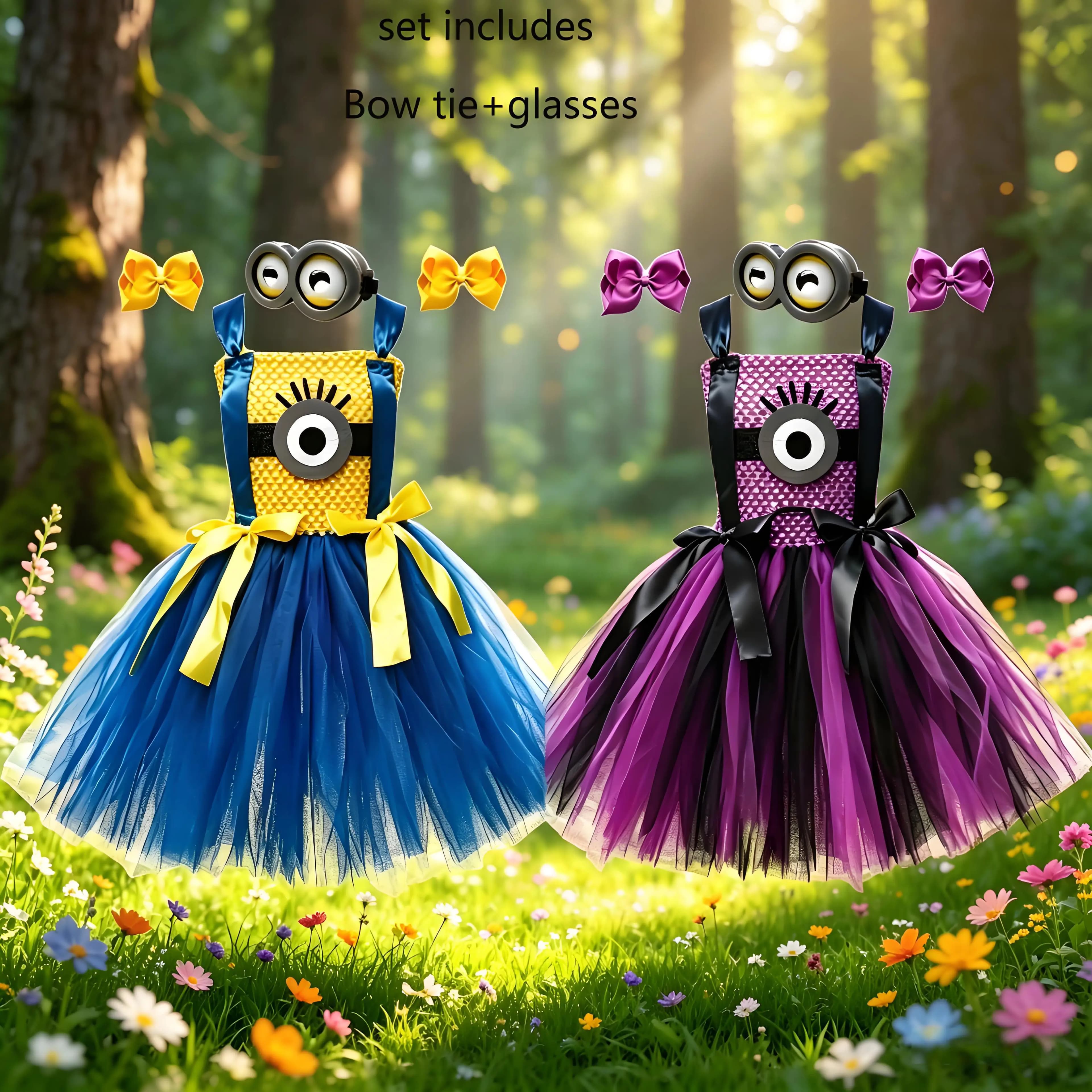 Personaggi dei cartoni animati carini e divertenti che indossano costumi gialli e viola per feste di Halloween, gonne soffici e perfette.