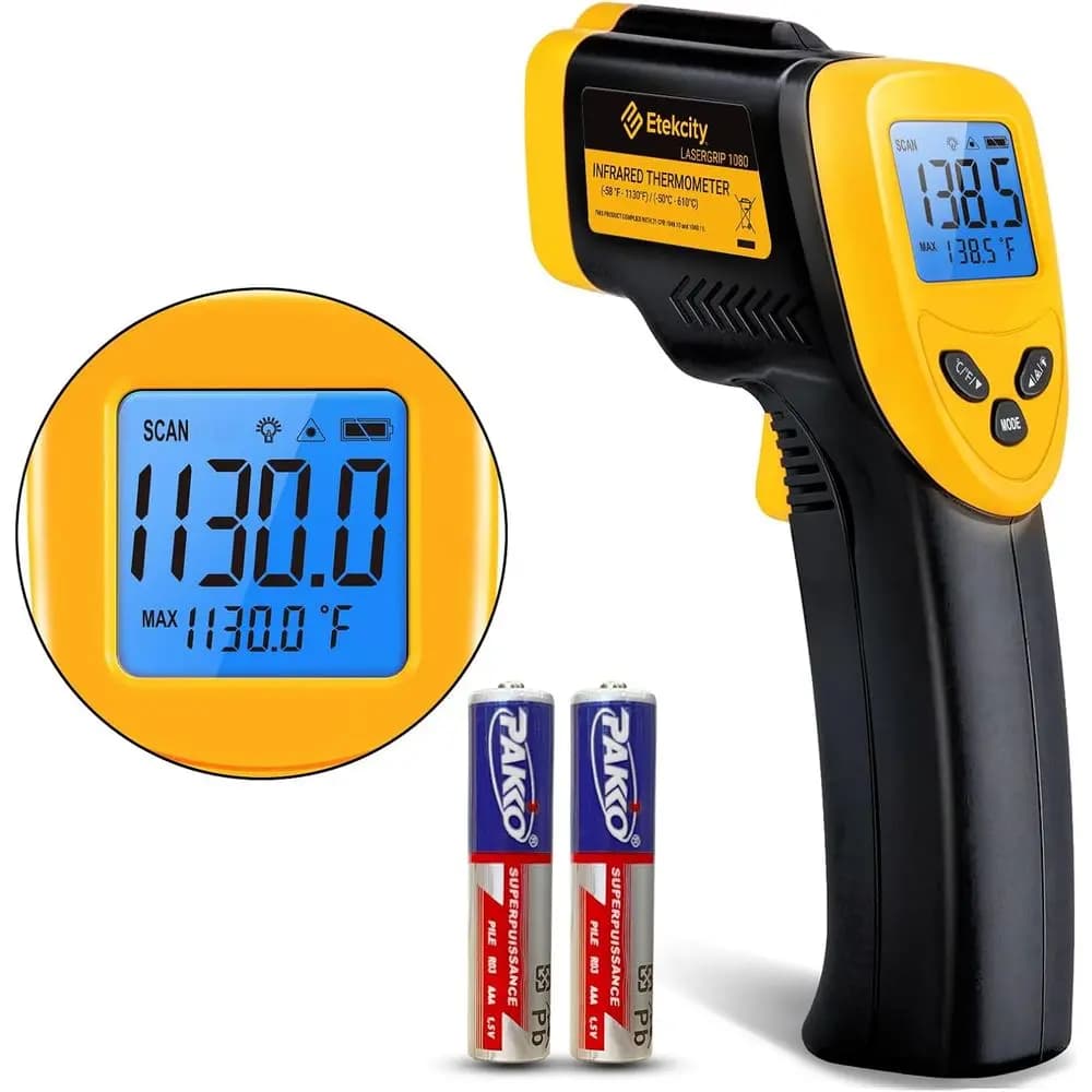Infrared Laser Temperature Gun: 1080 for Meat, Food, Pizza, Oven, Cooking, Reptile, BBQ, HVAC - Adjustable Emissivity, Wide Temp