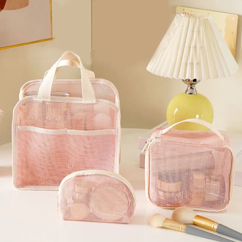 Borsa per trucco grande in rete per donna Borsa per organizer cosmetico portatile traspirante Borsa per trucco da viaggio con design semplice