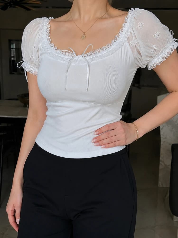 Gadinus Plus Size Women White Slim Fit Top Lace Sleeve Short Sleeve Solid Color Casual Blouse Fashion Shirt