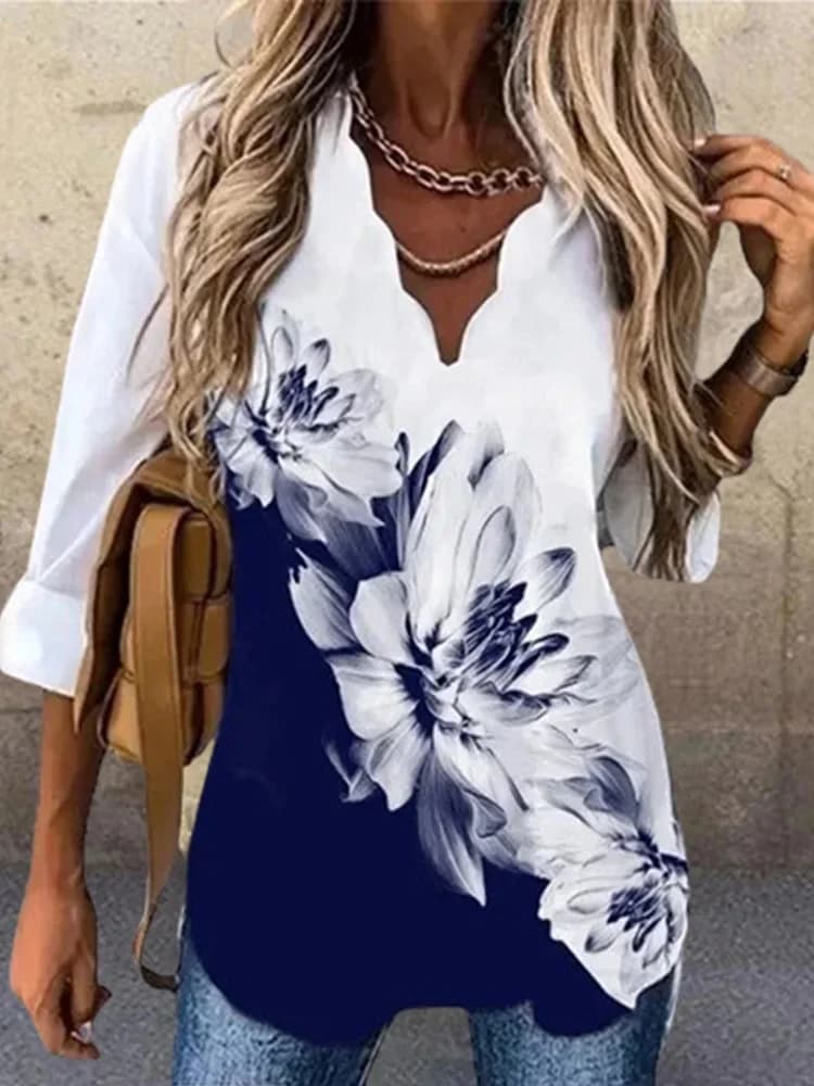 Camicetta primavera autunno donna allentata scollo a V manica lunga moda femminile stampa pullover T-shirt di grandi dimensioni