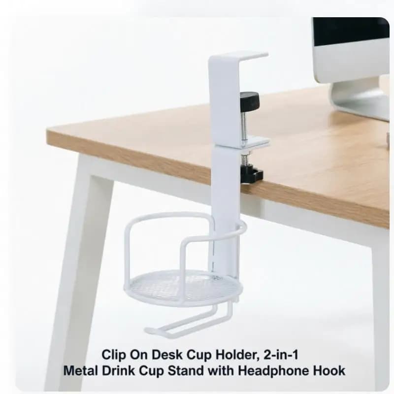 Clip On Desk Cup Holder Rotating 2-in-1 Metal Drink Cup Stand With Headphone Hook anti-spill Water Cup Drink Bottle Clamp Iron