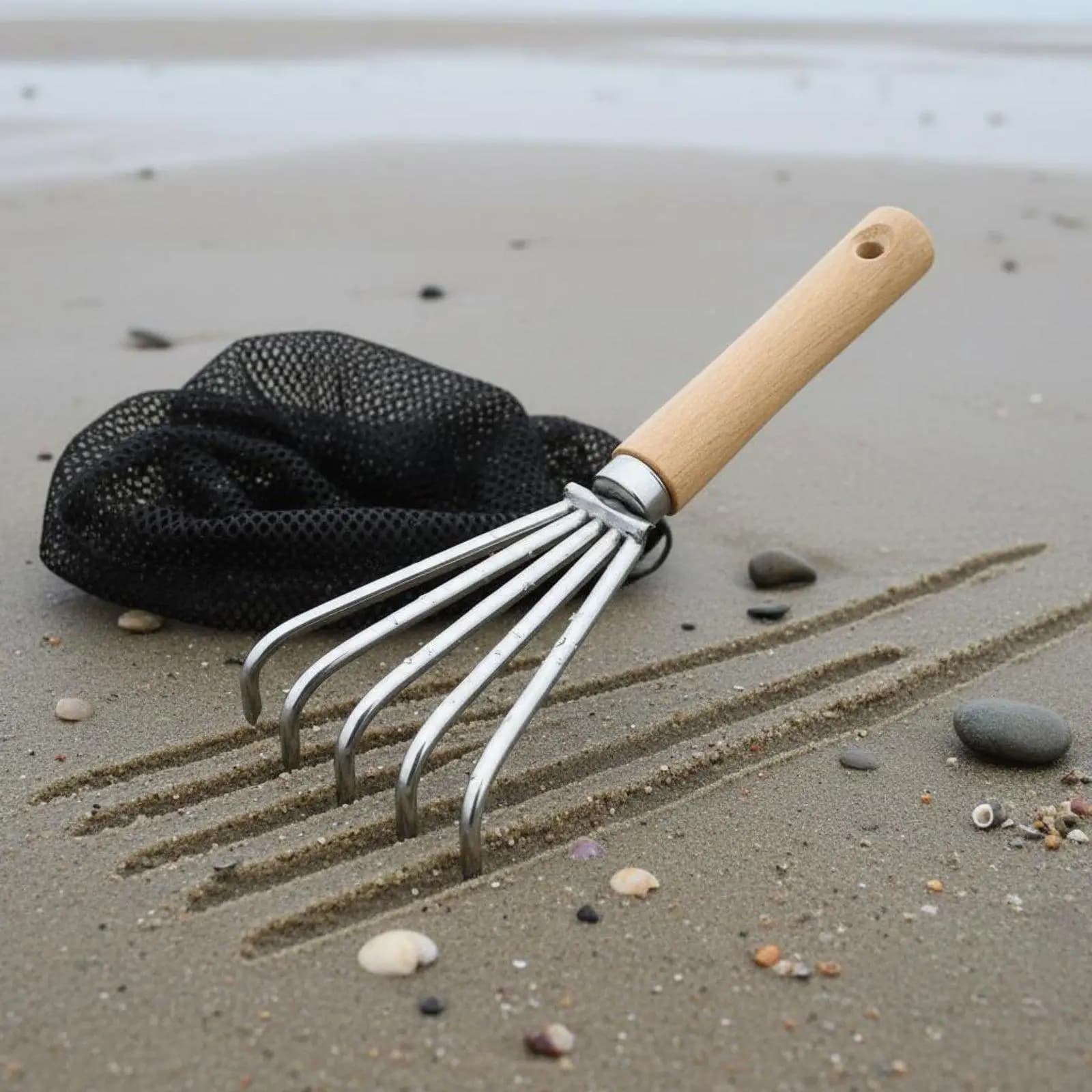 Clam Rake Tool Stainless Steel Shellfish Digging Rake with Beech Wood Handle and Mesh Net for Beach Gathering and Crabbing