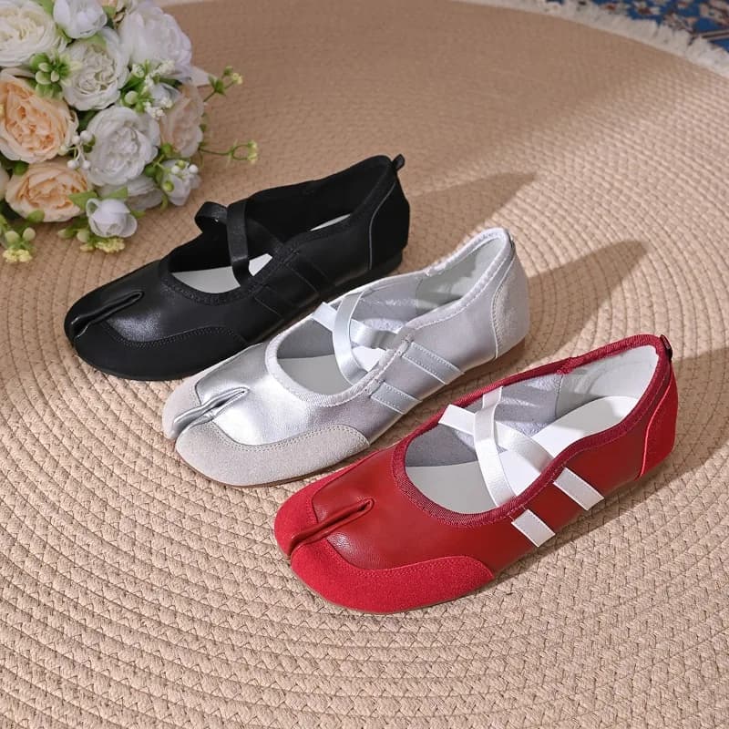 Scarpe da ginnastica Ballerine Tabi da donna nere, argento e rosse con punta divisa, sneakers da passeggio, scarpe Mary Jane estive