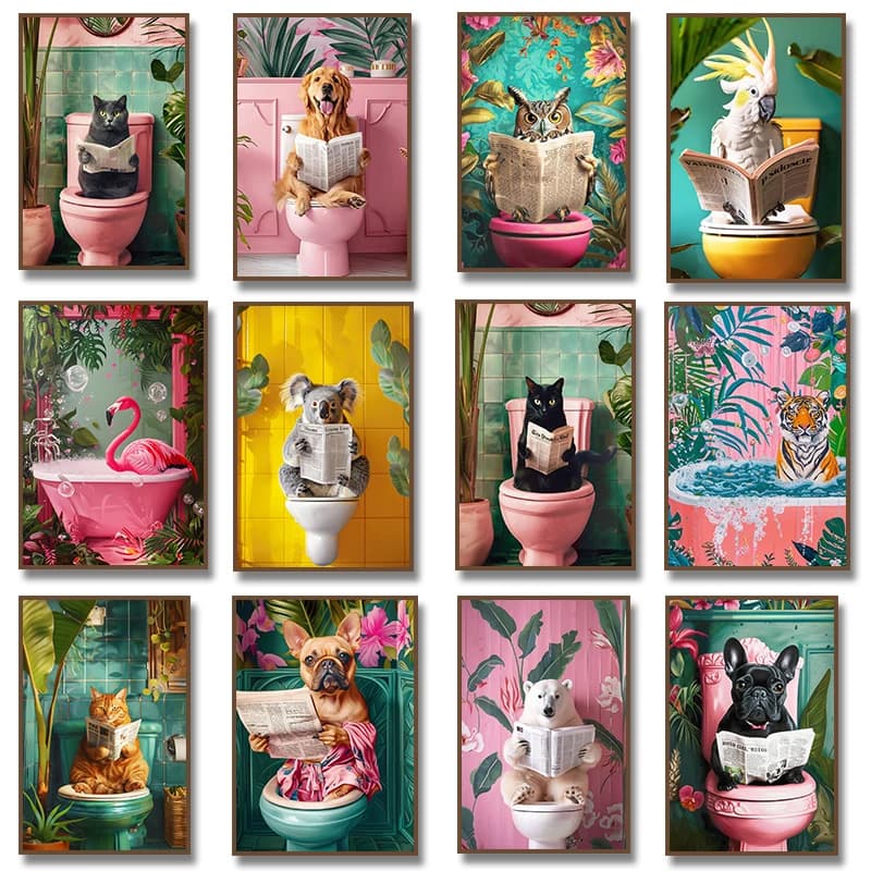 Funny Toilet Animals Black Cat Dog Flamingo Bear Tiger Reading giornale Poster Canvas Painting Wall Art Pictures bagno Decor