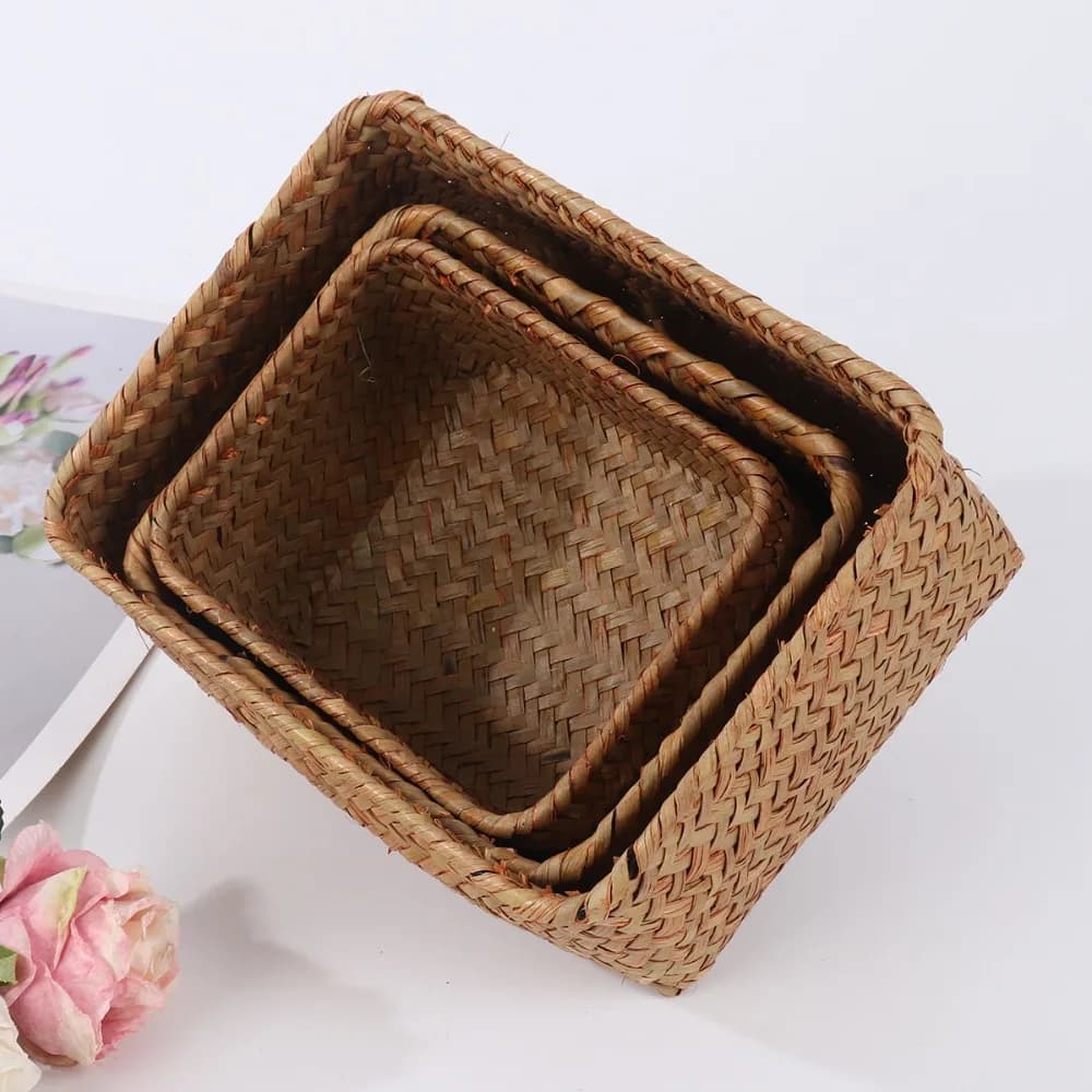Cestino portaoggetti in alghe intrecciate a mano cestino in Rattan di paglia cestino da Picnic scatola portaoggetti per frutta contenitore per cosmetici decorazioni per la casa
