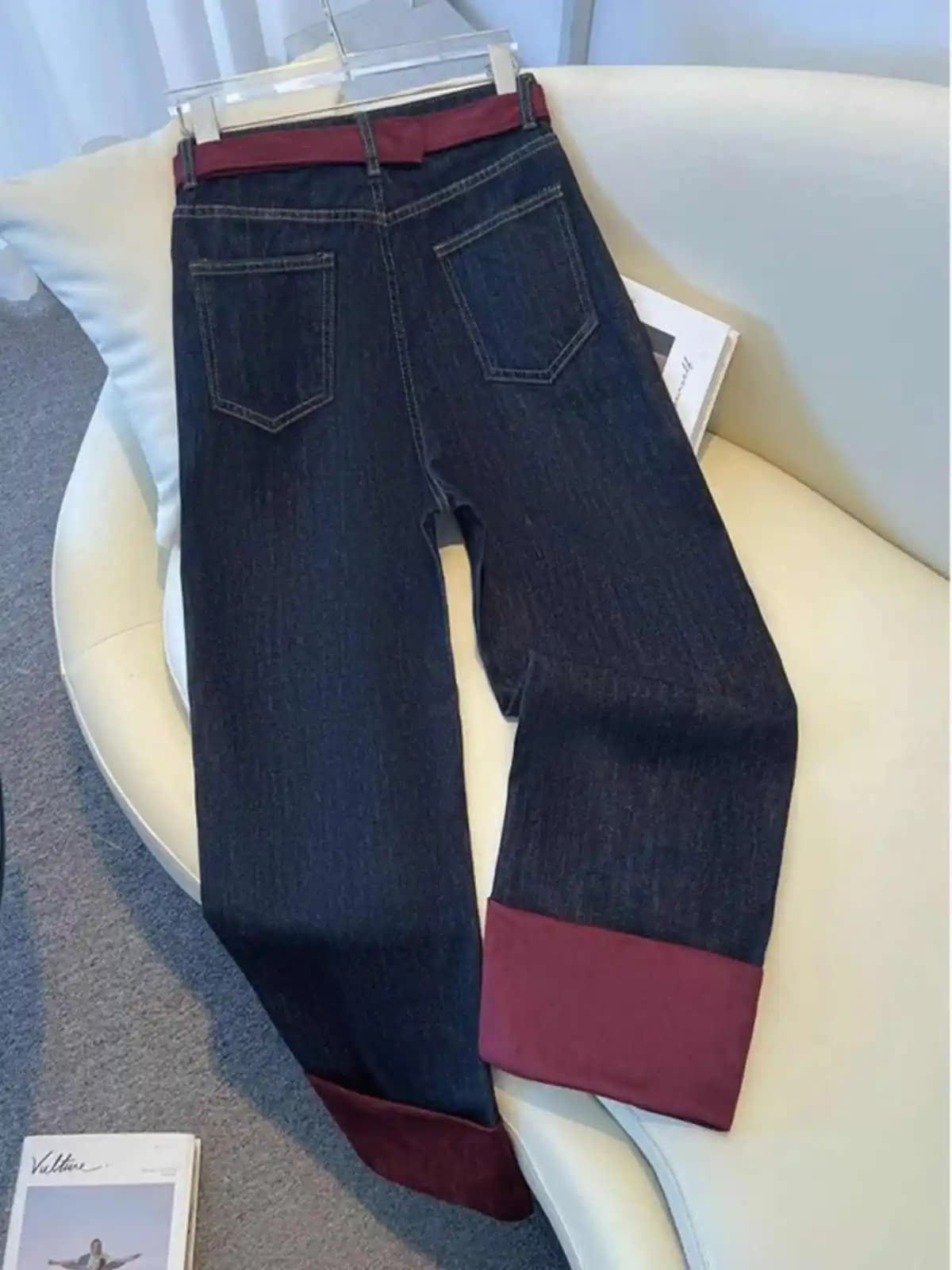 Color contrasting wide leg trousers with fashionable vests Women's casual wide jeans Versatile denim trousers in winter thickened velvet