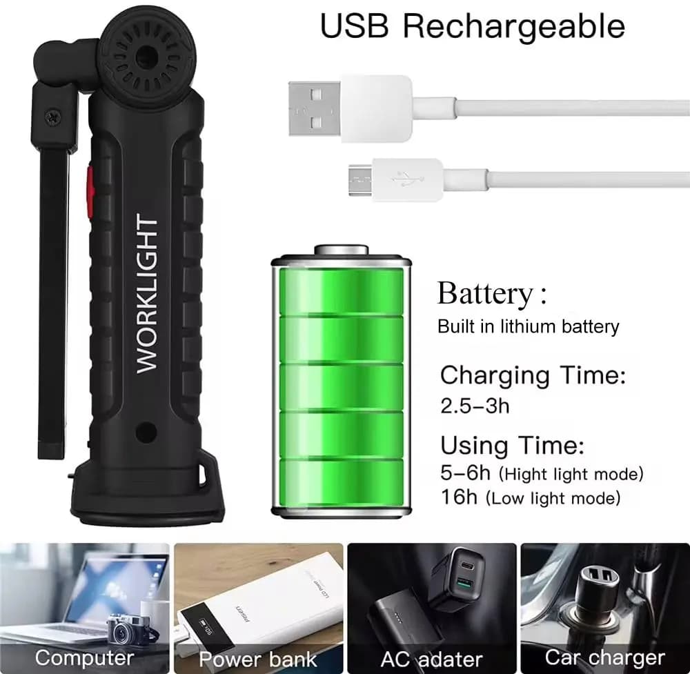 Torcia a LED Lampada da lavoro ricaricabile Gancio per appendere magnetico con batteria incorporata Torcia portatile USB Torcia per riparazione da campeggio