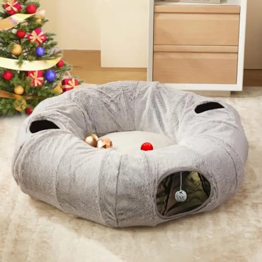 Tunnel Letto per Gatti da Interno - Adorabile Tunnel a Ciambella per Gatti con Cuscino Circolare Lavabile, Giocattolo Rotondo per Gattini/Cuccioli