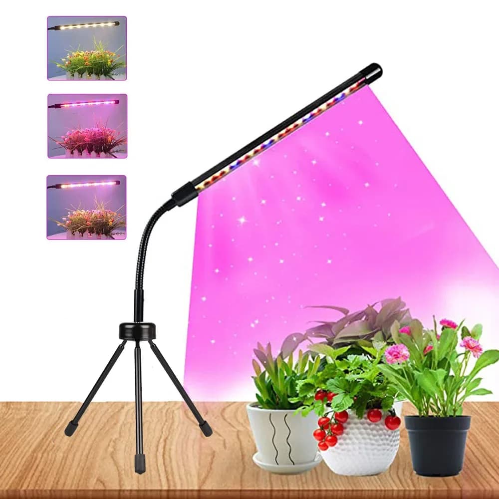 Lampada LED per la crescita delle piante con mini treppiede da tavolo, lampada per piante in vaso a spettro completo a 3 colori, con commutazione USB, regolazione dello spettro e timer.