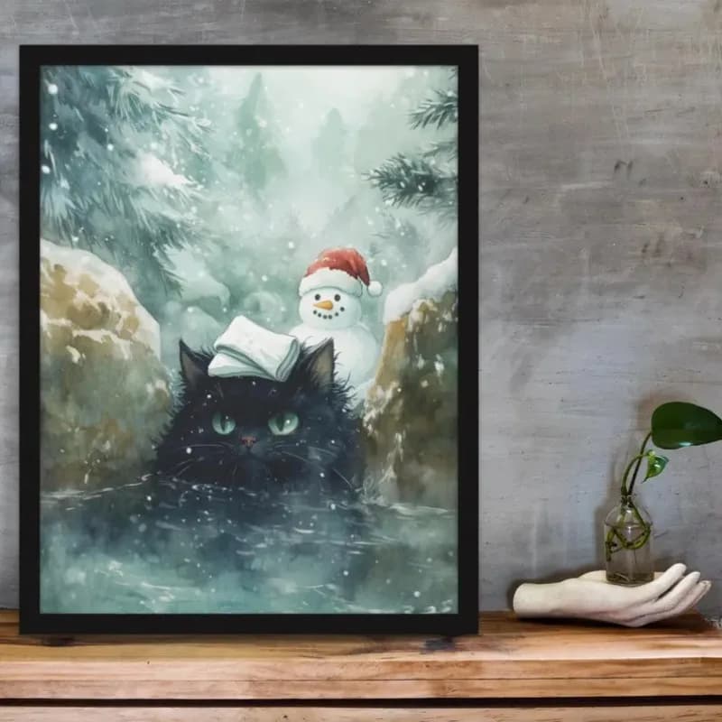 Black Cat Onsen Christmas Poster, Winter Hot Spring Snowman Print, Japanese Forest Holiday Wall Art, Funny Cat Christmas Decor