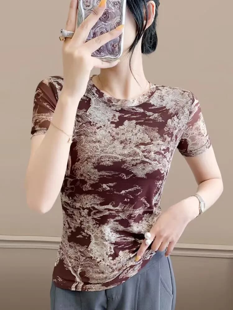 2025 Nuovo Arrivo High Street T-shirt Femminile Primavera Estate Donna S-3XL Manica Corta Magliette e camicette Tee Stampato Foglia Che Basa Maglia Retro