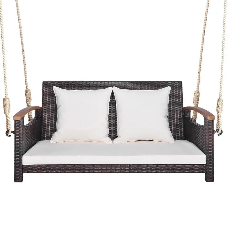 Double Outdoor Rattan Hanging Chair Swing, Heavy Duty Metal Frame Supports 800 Lbs, With Comfortable Cushions, Suspended Porch Glider For Backyard Garden Patio Relaxation
