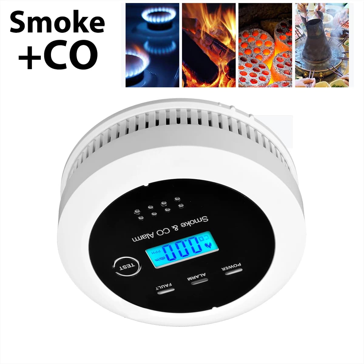 Batteria di 3 anni Durata 2 in 1 Rilevatore di fumo CO intelligente indipendente Monossido di carbonio Cucina Negozio Sensore di allarme sonoro antincendio