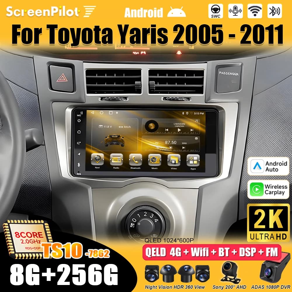 Autoradio Android 16 per Toyota Yaris 2005-2011 con CarPlay, Stereo, Video, Bluetooth e WIFI 5G