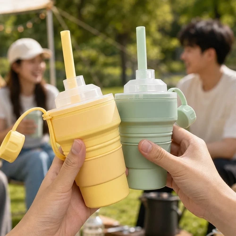 Silicone Foldable Ice Ball Cup Reusable with Straw Lid Collapsible Cup Collapsible Foldable Ice Mold Drink Cup Coffee Drinks