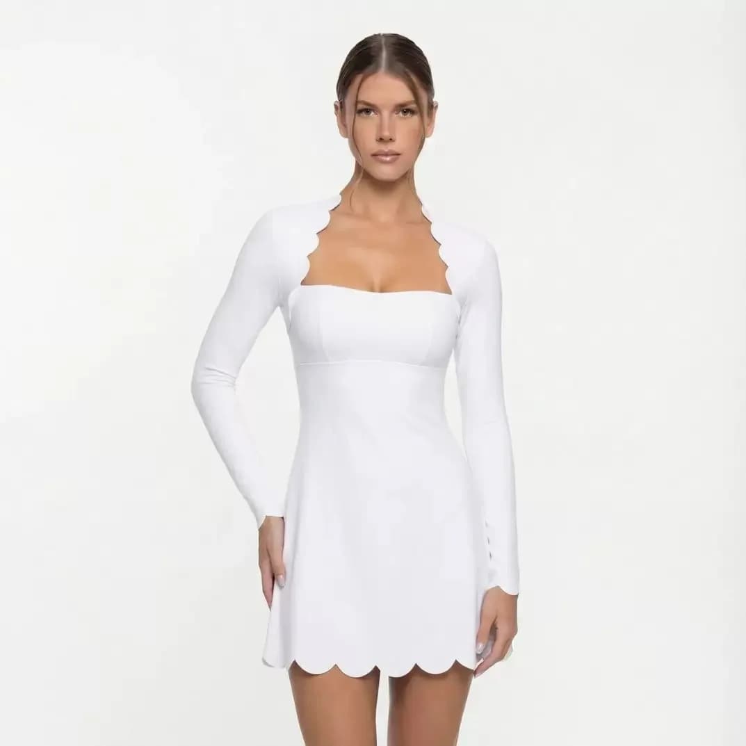 FUBEIKE Abbigliamento da tennis Manica lunga da donna in pizzo ondulato Abbigliamento da golf Gonna da tennis Abito intero da yoga traspirante ad asciugatura rapida