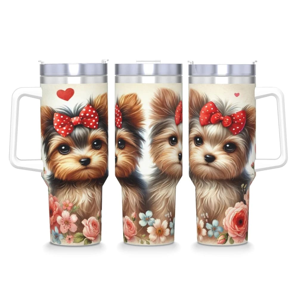 1 pz. Simpatico Bicchiere Termico Yorkshire Terrier con Fiocco, Adorabile Tazza da Auto in Acciaio Inossidabile con Stampa Floreale, Borraccia Portatile da Ragazza