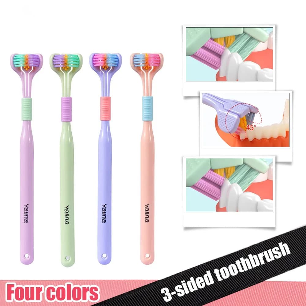 Spazzolino da denti 3 in 1 a 360 ° spazzolino da denti a tre teste di alta qualità spazzolino da denti con setole PBT sbiancamento dei denti spazzolini da denti per adulti igiene orale dentale