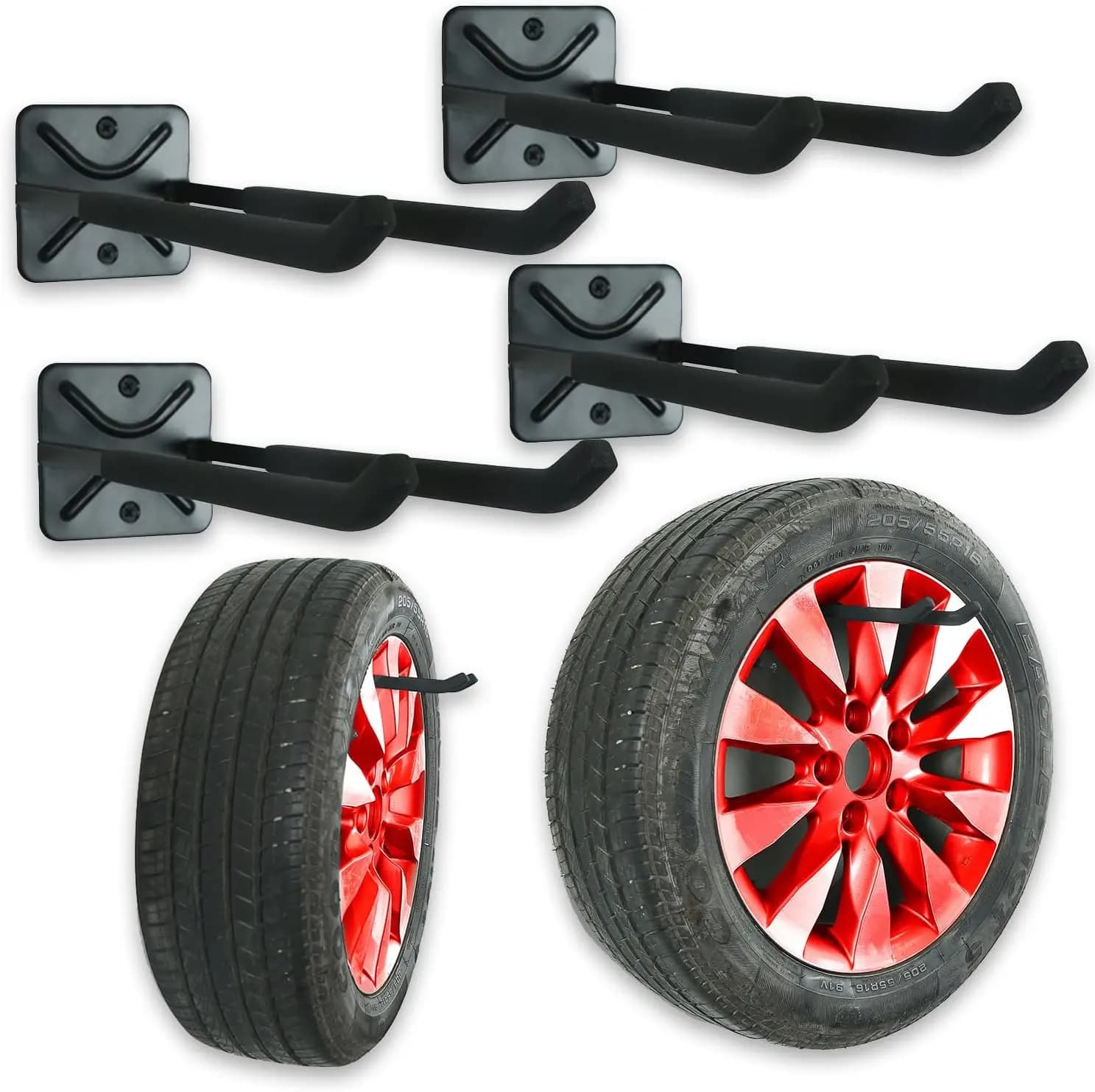 Ganci da parete resistenti per garage per il riporre degli attrezzi - Confezione da 4 ganci multiuso in acciaio nero con viti
