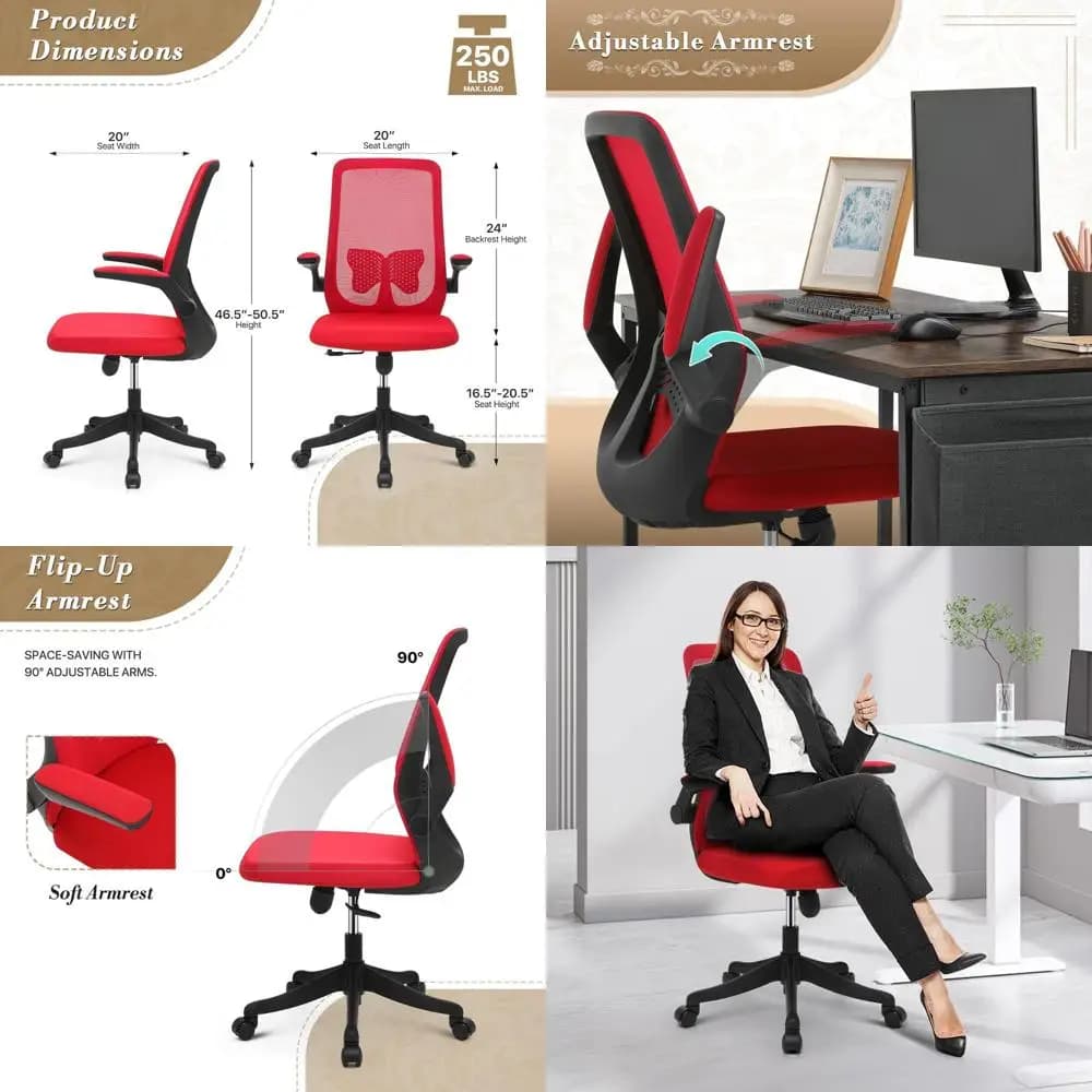 Sedia Girevole Ergonomica con Braccioli Ribaltabili, Supporto Lombare, Rete Traspirante, 95-125 ° Sedia reclinabile con blocco inclinazione, cuscino confortevole per l'home office