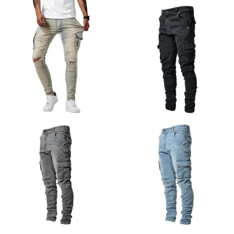 Autunno Inverno Nuovi Uomini di Abbigliamento Tinta Unita Stretch Multi-Bag Pantaloni Skinny Slim Dimagrante Denim Pantaloni Cargo Jeans