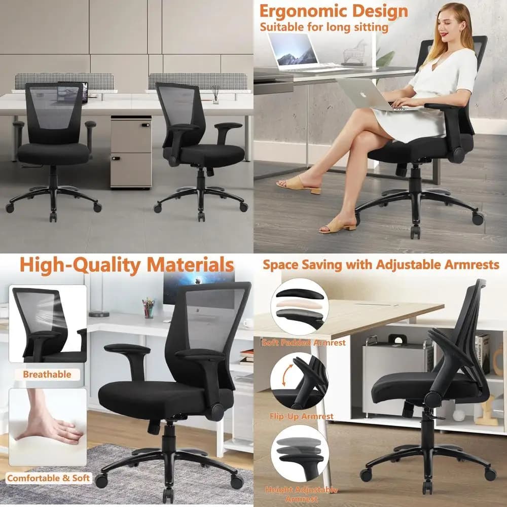 Sedia da ufficio ergonomica in rete resistente con cuscino largo e braccioli regolabili per persone di statura grande e alta, confezione da 8, nera