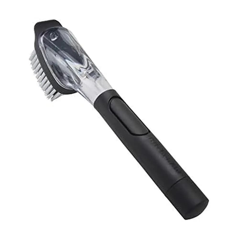 Spazzola per lavello con dispenser di sapone, manico facile da riempire, setole in nylon per una pulizia intensa, impugnatura comoda e antiscivolo.