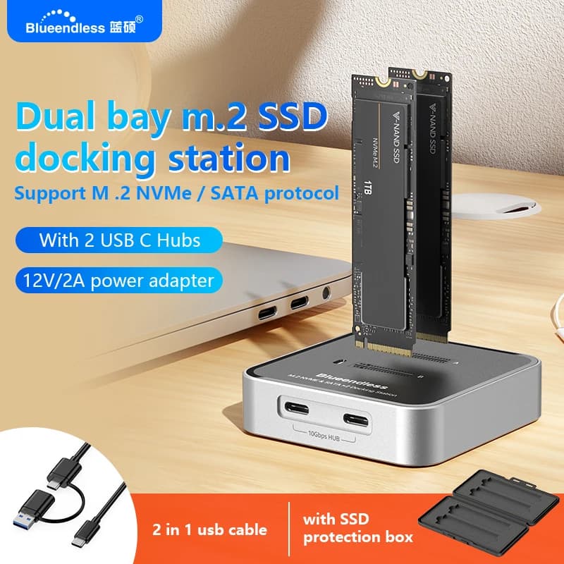 Blueendless Duay-Bay M.2 Protocollo NVMe / SATA Docking station SSD con hub SSD Reader Type C USB3.1 Custodia SSD esterna da 10 Gbps