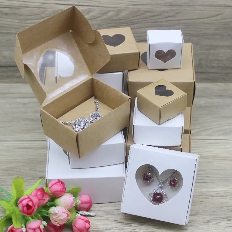 10 pezzi fai da te fatti a mano in carta gioielli collana orecchino scatola di imballaggio con finestra pelle bovina design bianco gioielli anello imballaggio carta Bo