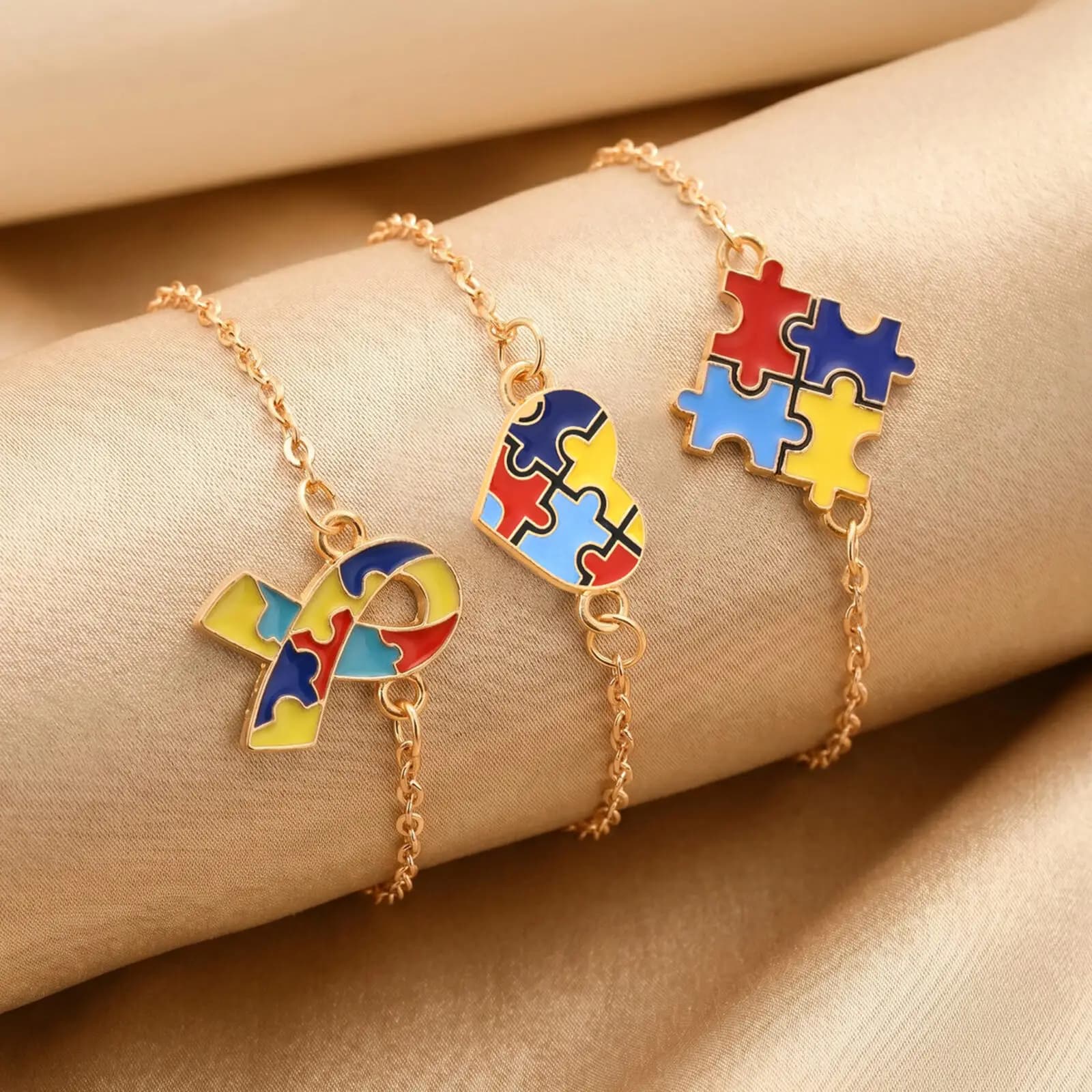 3Pcs Autism Awareness Puzzle Charm Bracelet Set, Gold Plated Adjustable Thin Chain Enamel Jewelry, Charity Support Gift