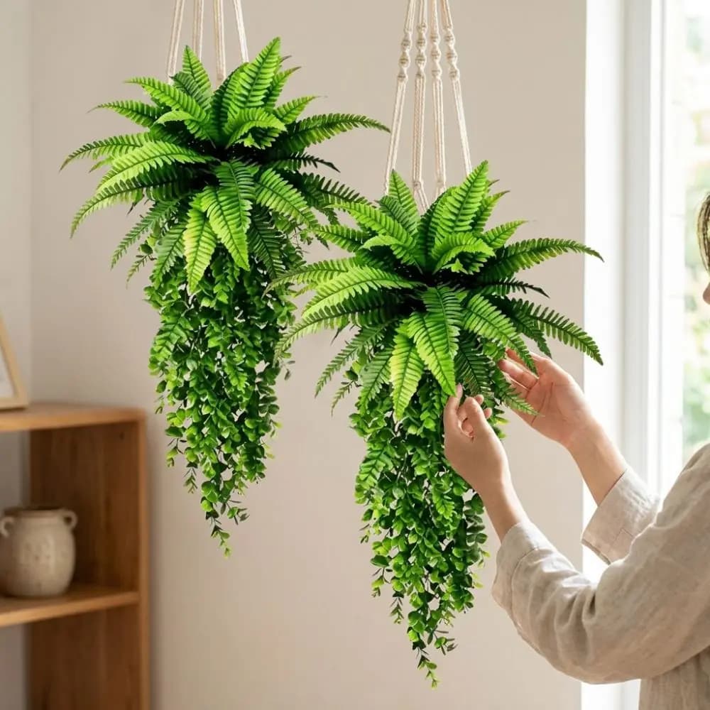 Plastic Artificial Persian Fern Leafs UV Resistant Realistic Artificial Fern Hanging Plant Lush Leaves Real Touch