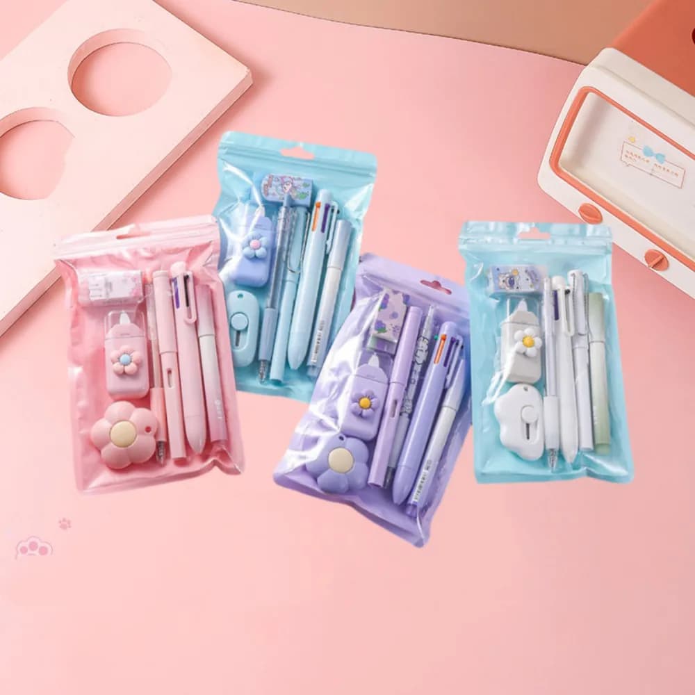 Set di cancelleria 7 in 1 per bambini Ritorno a scuola Penna gel Evidenziatore Penna a sfera Matita eterna Gomma per nastro Premio per bambini Regalo di Natale