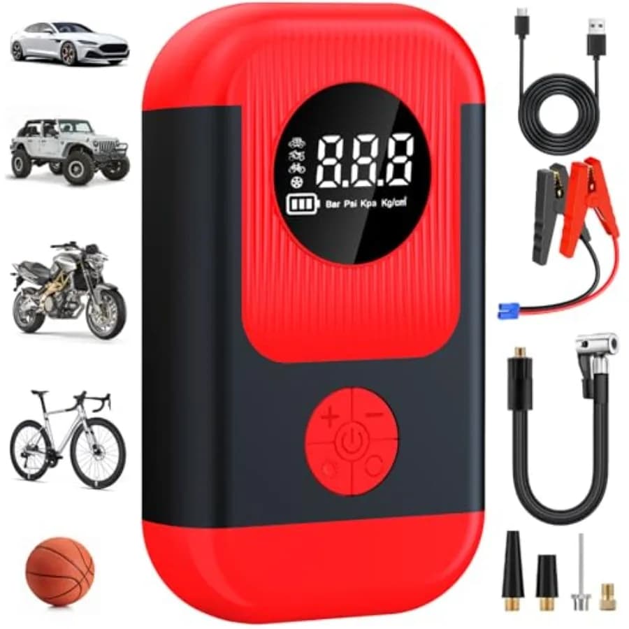 Compressore d'aria portatile e avviatore di emergenza per auto, pompa ad aria senza fili con luce LED e manometro per auto e moto
