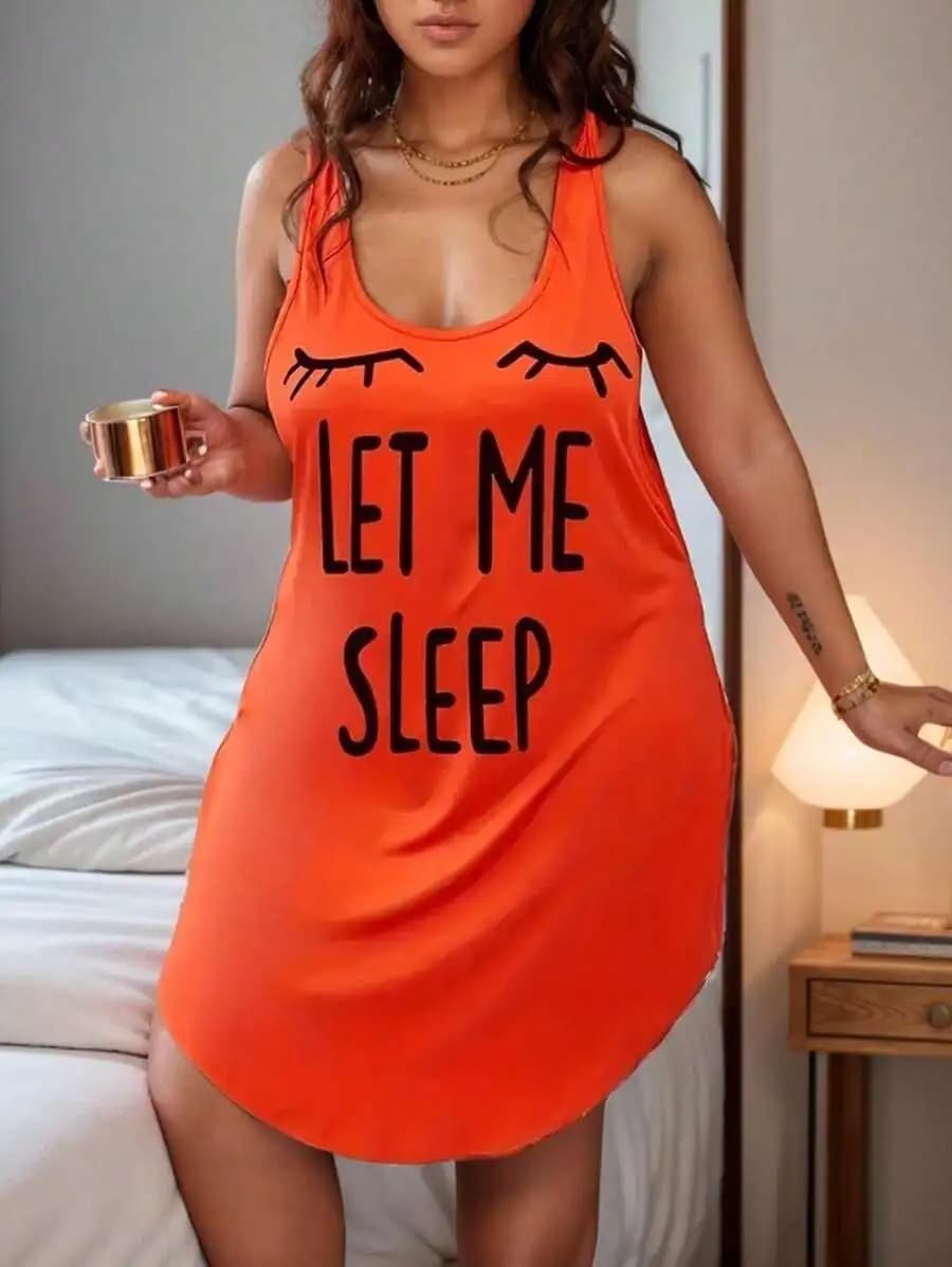 Abito da notte arancione senza maniche da donna con stampa ciglia e scritta 'Let Me Sleep'