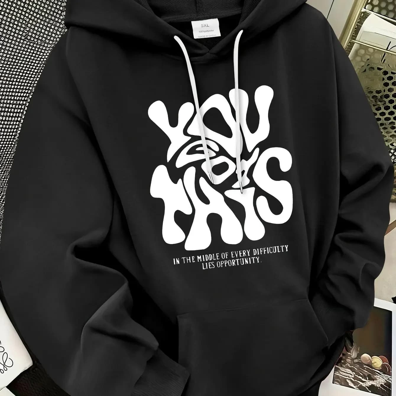 Men's Fashionable Hoodie Retro Letter Pattern Pocket Drawstring Decoration/ Simple Design Daily Wear College Style Casual Wear