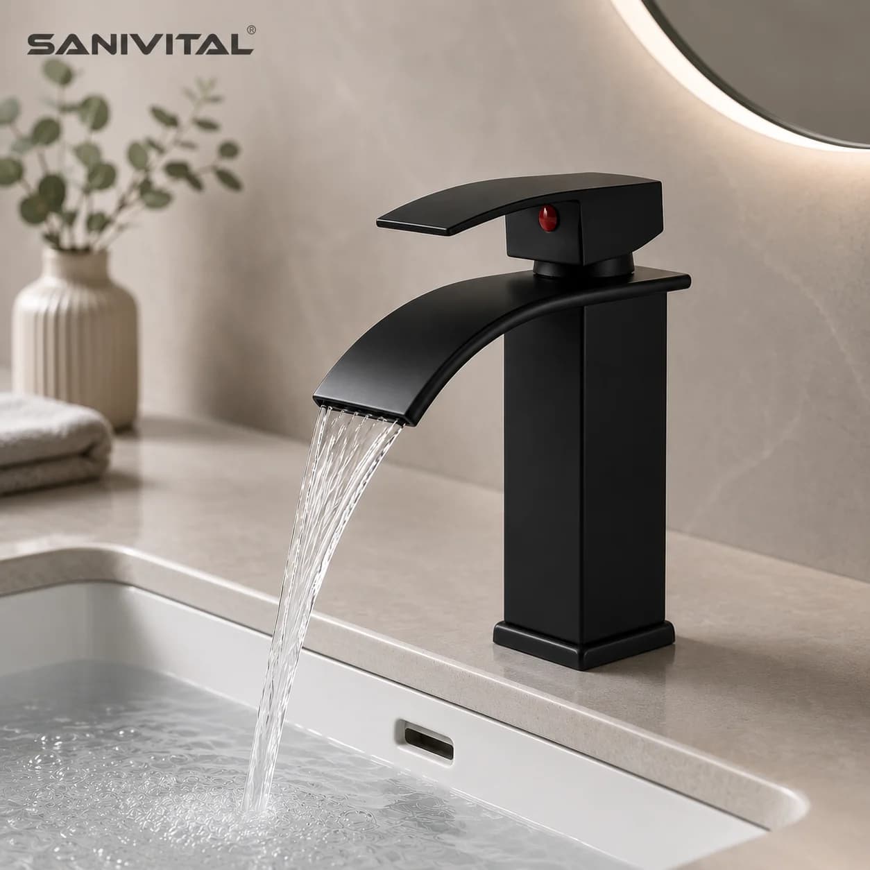 SANIVITAL Waterfall Bathroom Faucet Single Handle Hot Cold Mixer Tap Matte Black Basin Sink Faucet Deck Mounted