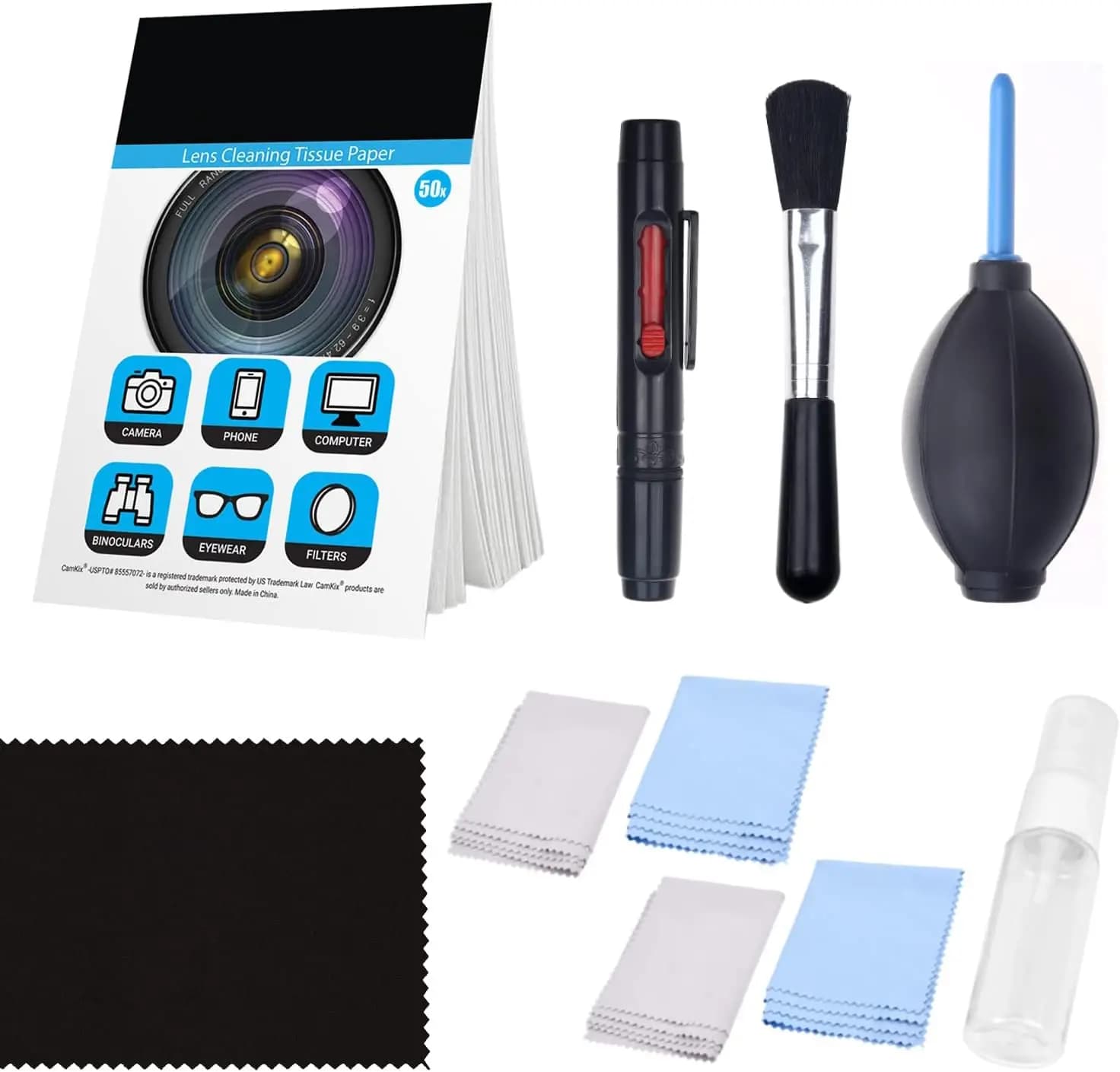 Camera lens cleaning kit: air blower, pen, brush, spray, paper handkerchief