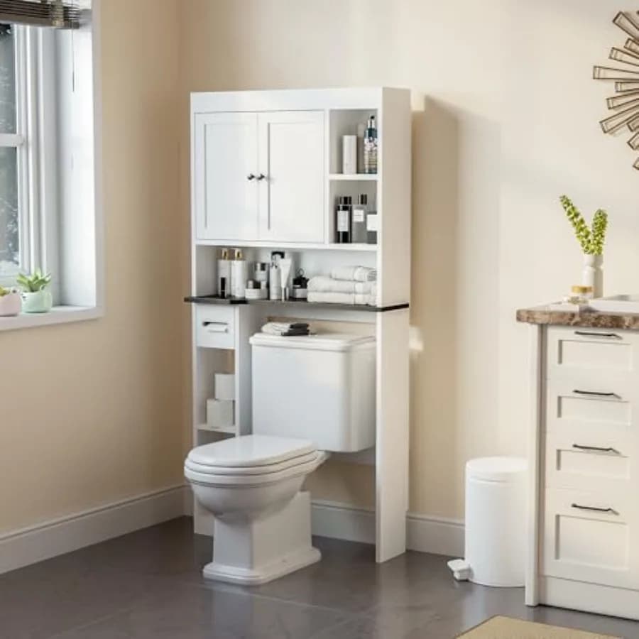 Mobiletto Salvaspazio Sopra il WC con 7 Ripiani Effetto Noce, Organizzatore Bagno con Porta Carta Igienica