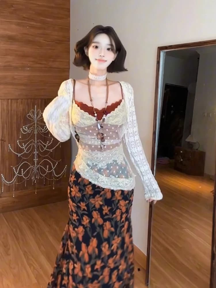 SYJ Pure Desire Floral Print Halter Dress Women's Sexy Lace Splicing Long Dress Vacation Style High Waist A-Line Skirt