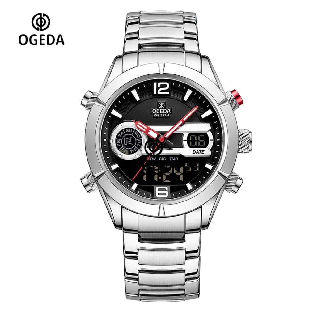 OGEDA OGD7001 Men's Analog Digital Quartz Watch Stainless Steel Strap 3ATM Waterproof Sport Military Dual Display LED Wristwatch