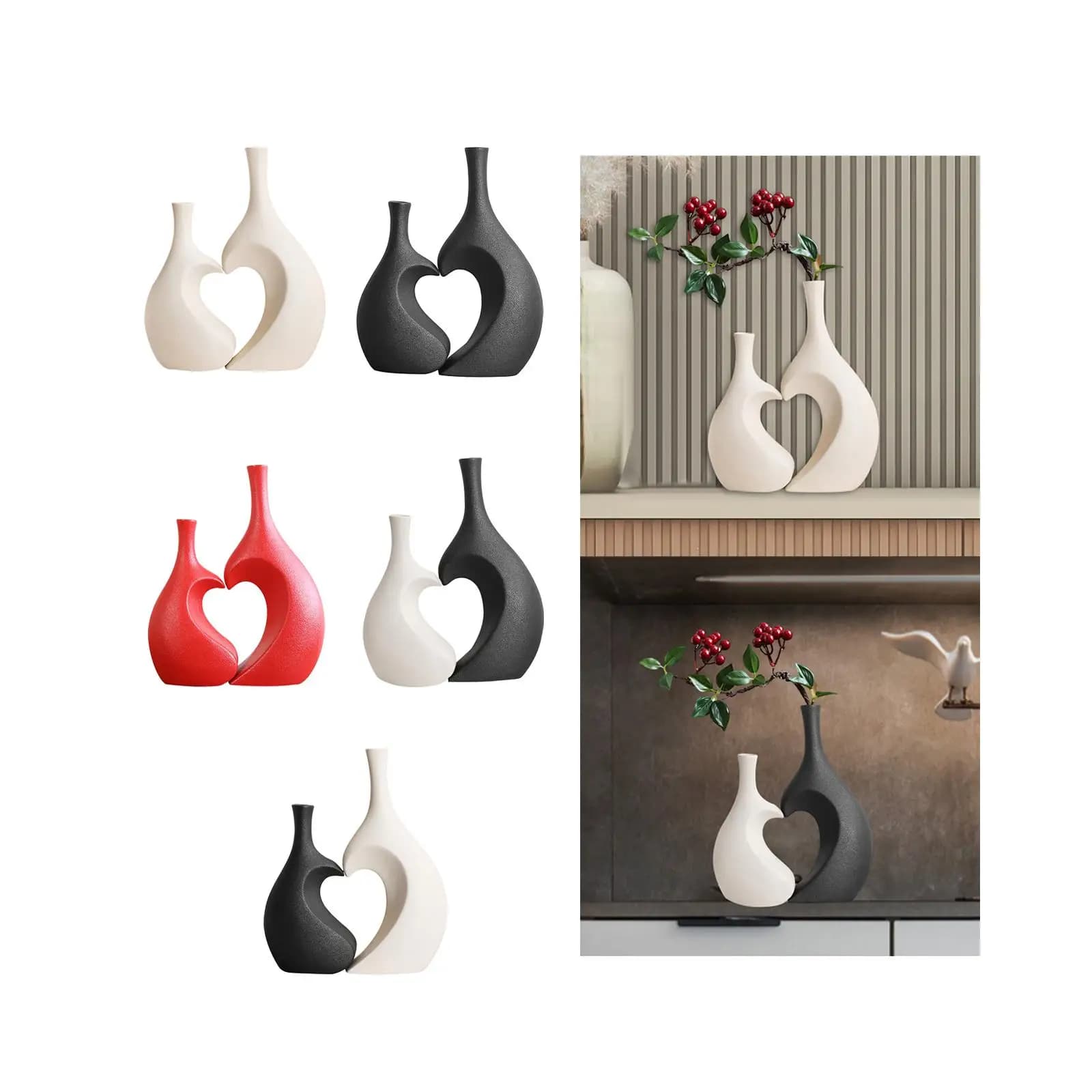 Ceramic Vase Set Plant Pot Flower Container Holder Decorative Vase Heart Shaped Vase for Home Decoration Fireplace Bookshelf
