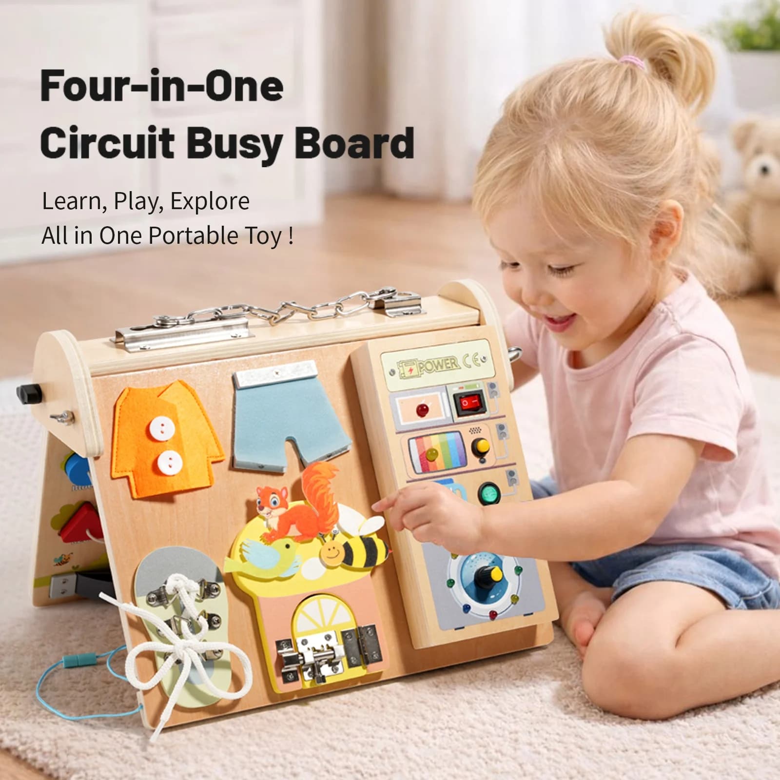 Tavola delle Attività 4-in-1 in Legno con Luce LED, Giocattolo Educativo per Bambini, Gioco Interattivo per lo Sviluppo delle Abilità di Vita