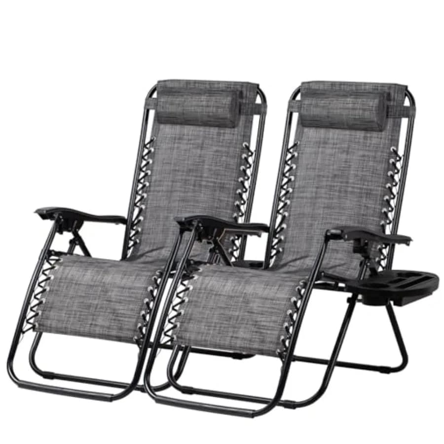 Set of 2 Relaxing Recliners Patio Chairs Adjustable Steel Mesh Zero Gravity Lounge Chair Beach Chairs with Pillow and Cup Holde