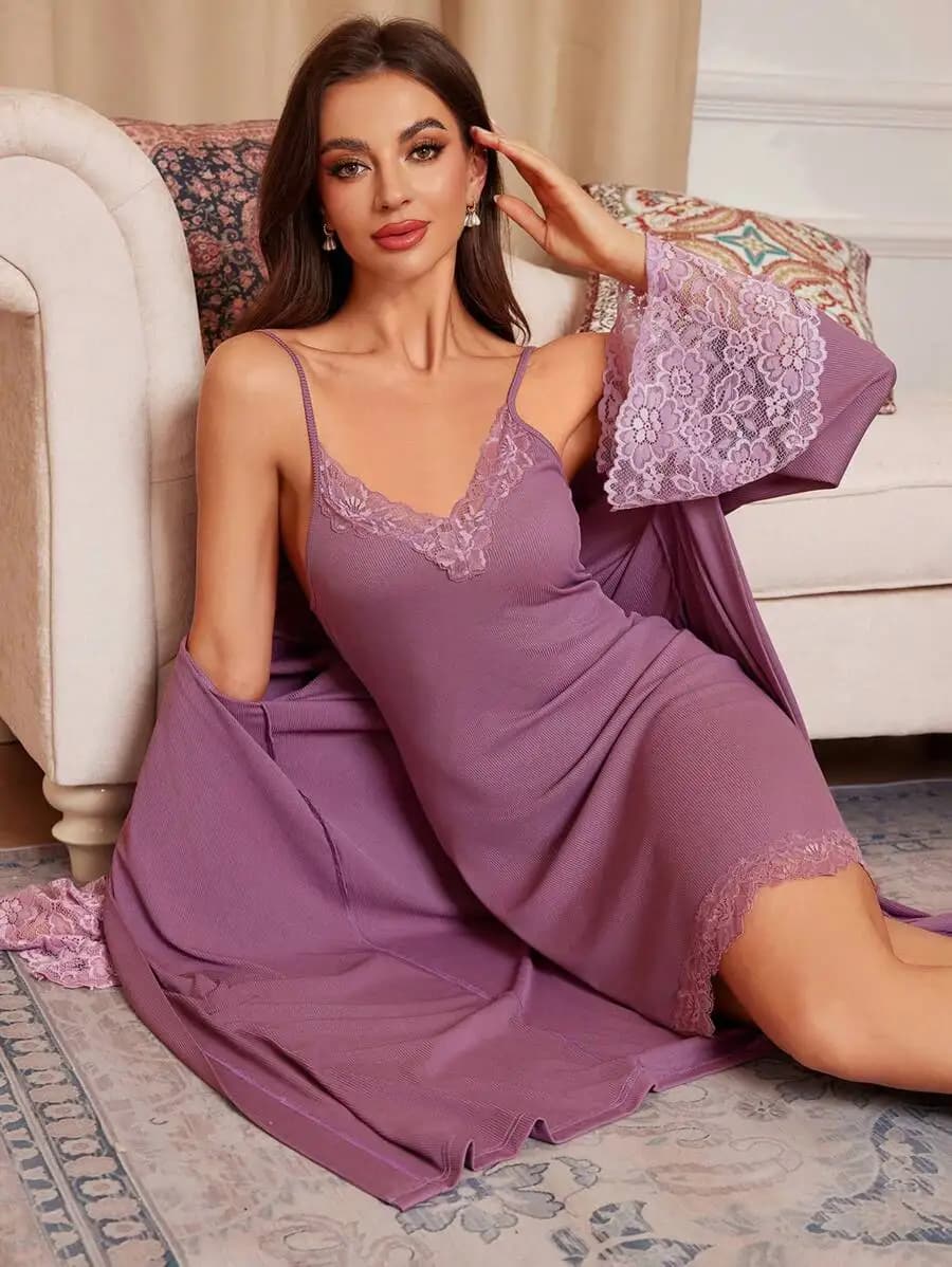 Abito da donna senza maniche in tinta unita con finiture in pizzo e set pigiama con cardigan a maniche lunghe